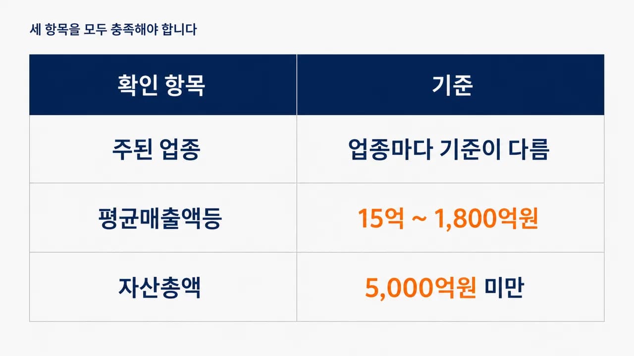 규모·독립성·업종 세 관문을 모두 통과해야 대상이 됨을 나타낸 도해